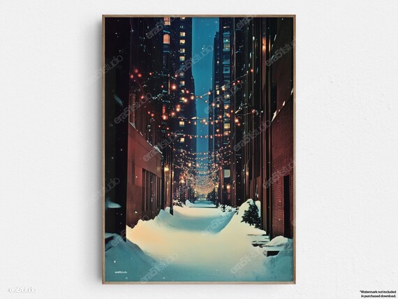 Holiday Lights Winter Alley - Original Mid-Century Modern Minimalist Wall Art - Printable Digital Download