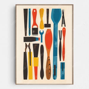 May include: A colorful illustration of various tools and utensils, including a red and yellow paintbrush, a blue spoon, a red and yellow screwdriver, and a black and brown hammer. The tools are arranged in a geometric pattern on a white background.