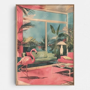 以下が含まれることがあります： ピンクのフラミンゴが、緑色のソファ、ピンクの椅子、ランプのあるリビングルームに立っています。部屋には、ヤシの木と青い空が見える大きな窓があります。床はピンクの敷物で覆われています。