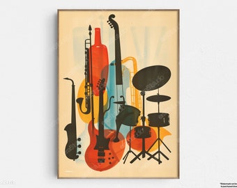 May include: A vintage-style poster featuring a colorful silhouette of a jazz band. The band includes a saxophone, a guitar, a bass, a drum set, and a bottle. The poster has a retro feel with a muted color palette.
