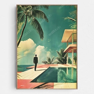 Könnte beinhalten: Ein Mann im Anzug geht auf ein modernes Haus mit Swimmingpool zu. Das Haus ist von Palmen umgeben und der Himmel ist blau mit weißen Wolken.
