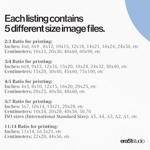 May include: A white background with text detailing image file sizes for printing. Includes ratios like 2:3, 3:4, 4:5, 5:7, and 11:14, with corresponding inch and centimeter measurements. The text also lists ISO sizes.