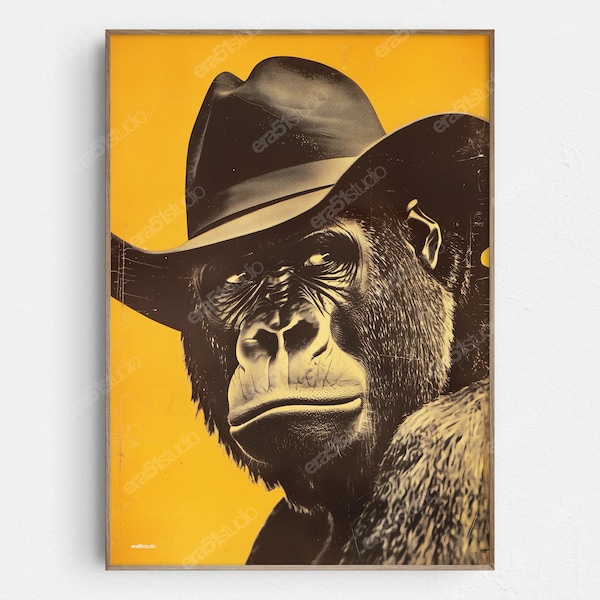 Gorilla in a Cowboy Hat - Original Mid-Century Modern Minimalist Wall Art - Printable Digital Download