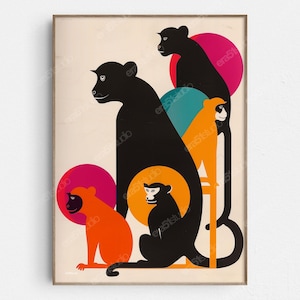 May include: A colorful illustration of five monkeys in various poses. The monkeys are black, orange, and white. The background is a cream color with pink, orange, and blue circles.