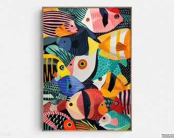 Ocean Tapestry of Fish - Original Mid-Century Modern Minimalist Wall Art - Printable Digital Download