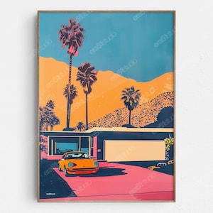 Retro Palm Springs Porsche Vibes - Arte da parete minimalista moderna originale di metà secolo - Download digitale stampabile