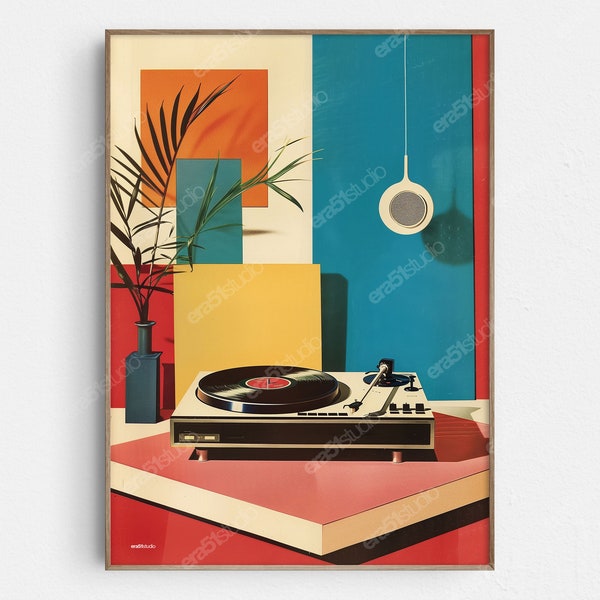 Retro Vibes Vinyl Player - Original Mid-Century Modern Minimalistische Wandkunst - Druckbare digitaler Download