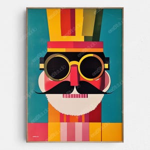 May include: Abstract art print of a nutcracker with large round sunglasses, a black mustache, and a white beard. The artwork features a teal background and a colorful design with red, yellow, and orange hues. The print is framed.