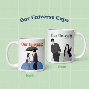 May include: Two white ceramic mugs with the text "Our Universe" and illustrations of a couple. One mug shows the back view of the couple under an umbrella, the other shows the front view.