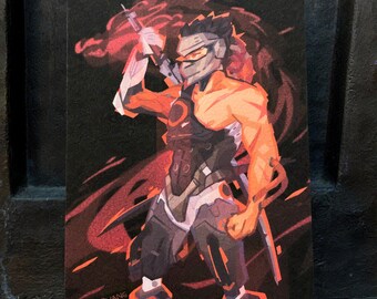 May include: A rectangular print featuring a stylized illustration of a character in a futuristic suit, holding a weapon. The character is depicted in shades of orange, black, and gray, with dynamic red energy effects. The artist's signature is visible at the bottom.