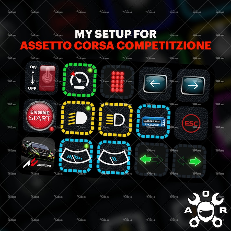 May include: A black and white image of a video game dashboard with the text "MY SETUP FOR ASSETTO CORSA COMPETIZIONE". The dashboard has buttons for engine start, lights, and other functions.