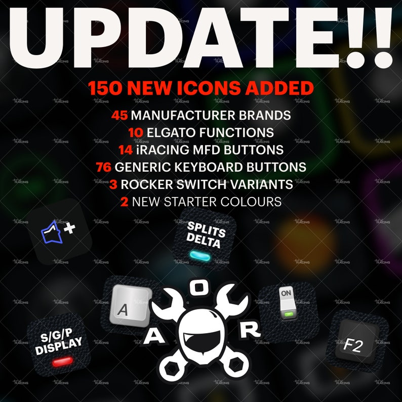 May include: A black and white image with the text "UPDATE!!" in large white letters. The image shows a variety of buttons and icons for a racing simulator, including a button with the text "S/G/P DISPLAY", a button with the text "F2", and a button with the text "ON". The image also shows a button with the text "SPLITS DELTA" and a button with the text "AOR". The image also includes the text "150 NEW ICONS ADDED", "45 MANUFACTURER BRANDS", "10 ELGATO FUNCTIONS", "14 iRACING MFD BUTTONS", "76 GENERIC KEYBOARD BUTTONS", "3 ROCKER SWITCH VARIANTS", and "2 NEW STARTER COLOURS".