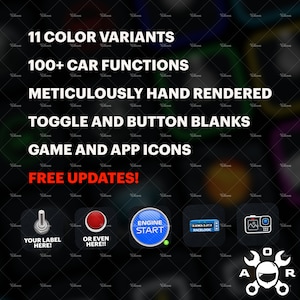 May include: A set of digital car interface icons with 11 color variants, 100+ car functions, toggle and button blanks, game and app icons, and free updates. The icons are hand-rendered and feature a variety of designs, including a red button with the text "OR EVEN HERE!!", a blue button with the text "ENGINE START", and a black and white icon with the text "RACELOGIC".