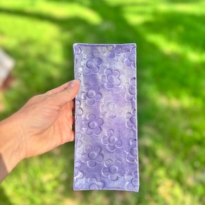 Handmade Lilac Flower Tray – Embossed Ceramic Trinket Dish in Retro Purple Glaze