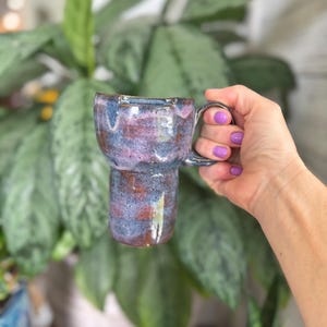 Galaxy To-Go Mug – Handmade 14oz Ceramic Travel Cup with Sip Lid – Swirled Purple and Blue Glaze – Microwave & Dishwasher Safe