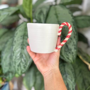 May include: White ceramic mug with a textured surface. The handle is designed to look like a red and white striped candy cane. The mug is held in front of a background of green foliage.