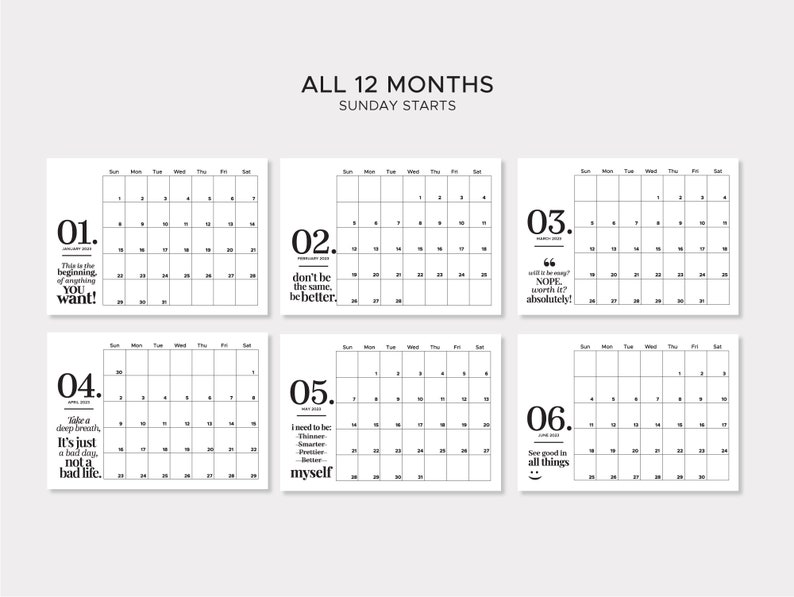 Printable 2023 Minimalist Calendar With Self Quotes Desk Etsy
