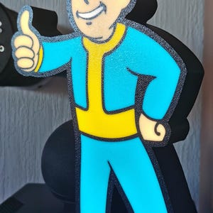 Könnte beinhalten: Eine blaue und gelbe Vault Boy-Figur, die einen Daumen hoch gibt. Die Figur trägt einen blauen Overall mit gelbem Kragen und Gürtel. Die Figur hat gelbes Haar und zwinkert. Die Figur ist eine beliebte Figur aus der Fallout-Videospielserie.