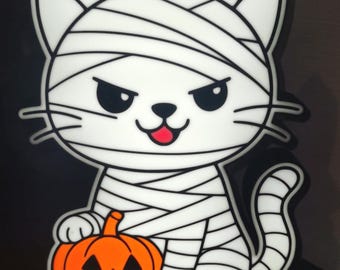 Handmade 3D printed Halloween Mummy Cat LED Lightbox with Pumpkin