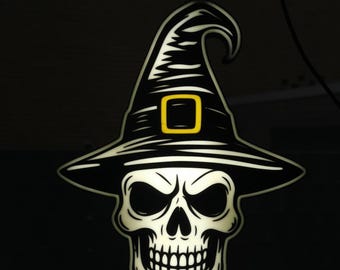 Handmade Halloween Skull with Witch Hat Lightbox – Spooky LED Decoration