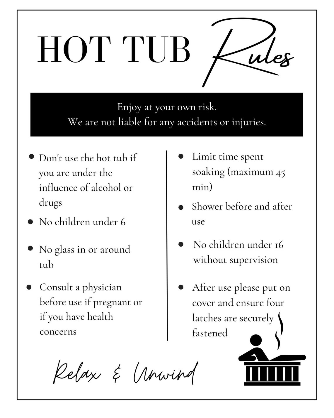 Hot Tub Rules Sign Printable and Editable Sign for Airbnb, VRBO, Rental