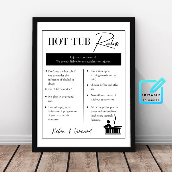 Hot Tub Rules Sign - Printable and Editable Sign for Airbnb, VRBO, Rental