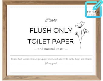 Puede incluir: Un cartel blanco con texto negro en un marco de madera. El cartel dice "Por favor, tire solo papel higiénico - y residuos naturales - No tire artículos sanitarios, toallitas, toallas de papel, dinero en efectivo y tarjetas de crédito, esperanzas y sueños. ¡Gracias!" Un simple dibujo de línea negra de una flor está en la esquina superior derecha del cartel.