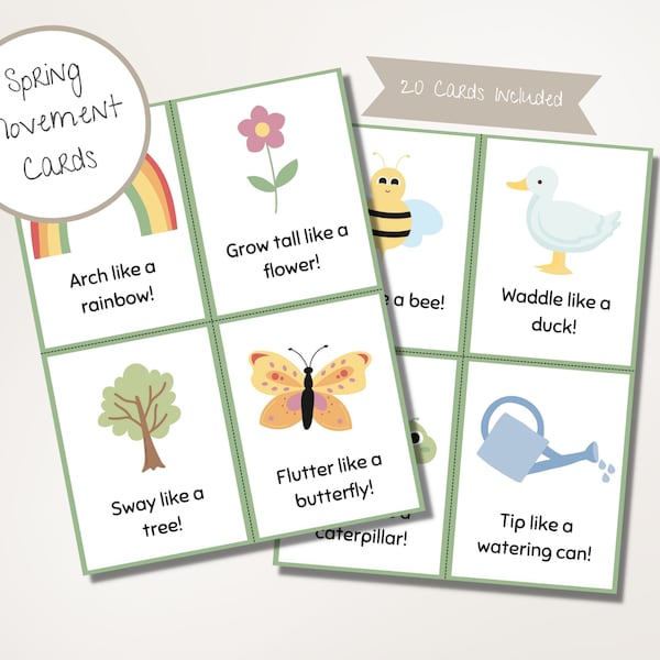 Spring Movement Cards for Kids Preschool PreK Kindergarten Movement Activity Brain Break Cards Kid Exercises Printable Gross Motor Cards