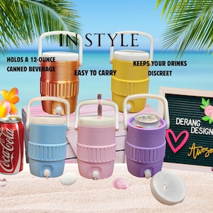 May include: An image featuring five insulated beverage coolers in various colors: copper, yellow, blue, pink, and purple. Each cooler has a white handle and a spigot. The text reads "IN STYLE", "HOLDS A 12-OUNCE CANNED BEVERAGE", "EASY TO CARRY", and "KEEPS YOUR DRINKS DISCREET".