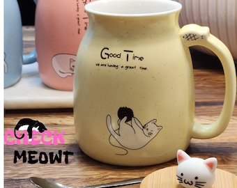 Cartoon Cat Mug with Lid & Spoon: Porcelain Coffee Tea Cup, Cat Person Gift, Cat Gift, Mothers Day, Her Birthday, Valentine, Christmas.