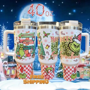 Grinch Christmas 40oz Tumbler, Grinch Fan, Christmas Gift, Holiday Mug, Tumbler With Handle, Grinch Mug, Travel Tumbler, Hot/Cold Tumbler.