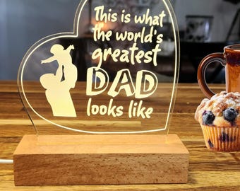 World's Greatest Dad Acrylic Plaque, LED Wood Base Light, Father's Day Gift