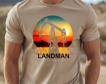 Landman Oil Rig T-Shirt, Retro Sunburst, Oilfield Worker Gift