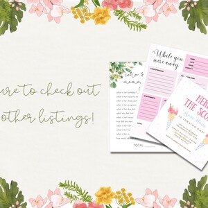 May include: A printable set of ice cream themed party games and a birthday invitation. The invitation features a pink and blue ice cream cone with the text "Here's the Scoop Anne Marie is turning one!" The games include a "While you were away" game and a "Who knows Momma" game.