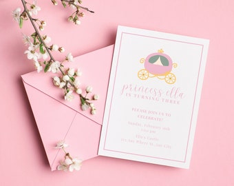 May include: A pink and white invitation with a cartoon carriage and the text "princess ella is turning three". The invitation also includes the text "Please join us to celebrate! Sunday, February 18th 1:00 pm Ella's Castle 121 Any Where St., Any City"