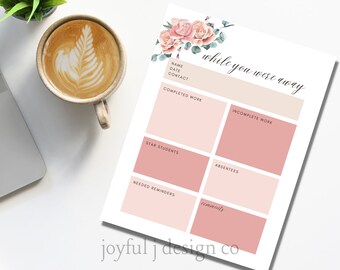 Floral Substitute Teacher Note Printable: Teacher Organization (Digital Download)