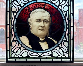 Antique Stained Glass Bishop Portrait, Victorian Ecclesiastical Glass, James Fraser Manchester Medallion