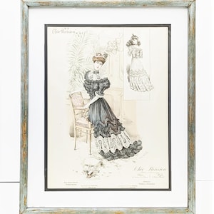 French Fashion Print Framed Hand Colored Halftone Lithograph c1900 Haute Couture Antique Vintage Poster
