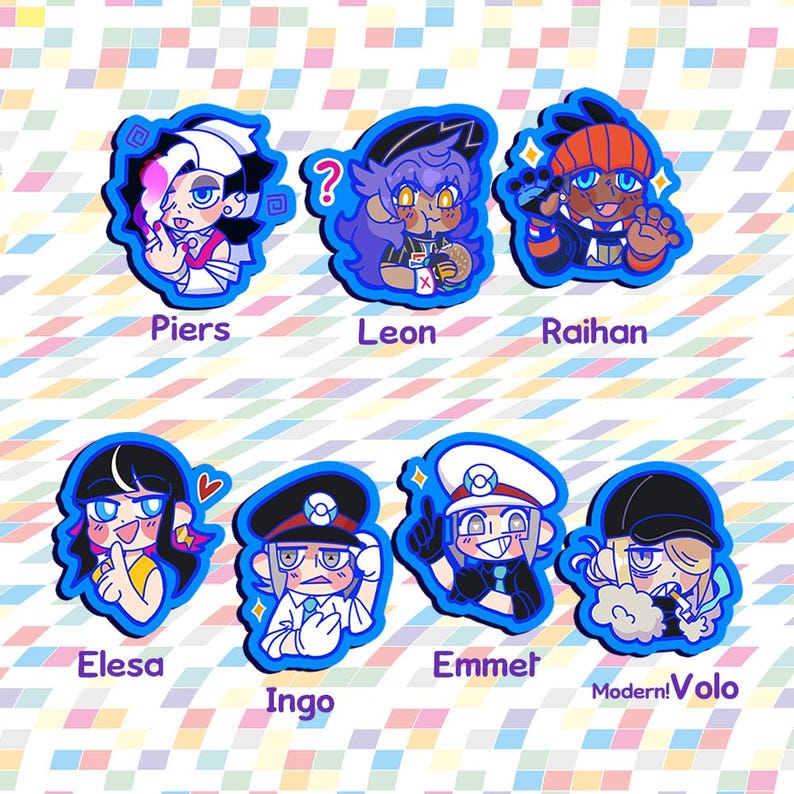 Puede incluir: Ocho ilustraciones de personajes de dibujos animados coloridos de entrenadores Pok&eacute;mon de la serie de videojuegos. Cada personaje se representa con su Pok&eacute;mon caracter&iacute;stico y una pose &uacute;nica. Los personajes incluyen Piers, Leon, Raihan, Elesa, Ingo, Emmet y Volo.