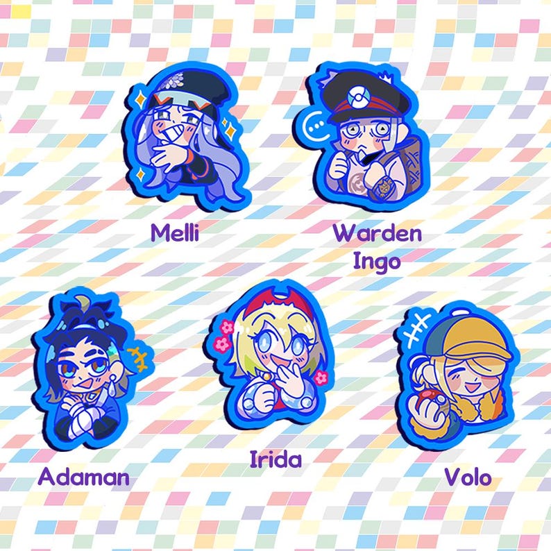 Puede incluir: Cinco pegatinas de personajes de dibujos animados coloridos con contornos azules. Los personajes son del videojuego Pok&eacute;mon Legends: Arceus. Los personajes son Melli, Warden Ingo, Adaman, Irida y Volo.