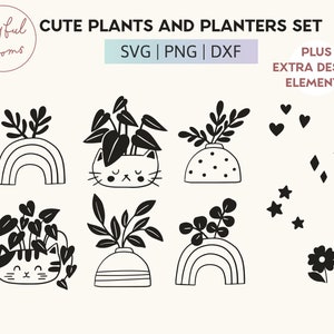 Niedliche Handgezeichnete Pflanzen und Töpfe SVG PNG DXF - Minimalistisches Laub, Katzen Pflanzgefäße, Mix & Match DiY Kunst - Erstellen Sie individuelle Pflanzenillustrationen