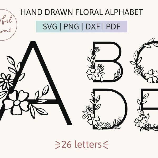 Hand Drawn Floral Alphabet SVG PNG DXF Monogram Cut Files for Cricut and Silhouette 26 Individual files Capital Alphabet Flower Letter
