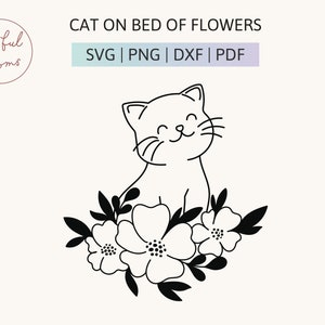 Gato lindo dibujado a mano Cama de flores Cortar archivos Minimalista Boho Floral Línea Arte Cricut Silueta DIY Vinilo Calcomanía para personalizar Regalo Cat Lover