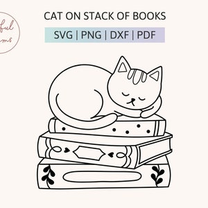 Simpatico gatto assonnato su una pila di libri disegnati a mano digitale SVG PNG DXF file di taglio per Cricut e Silhouette Minimalist Line Art Sleeping Feline