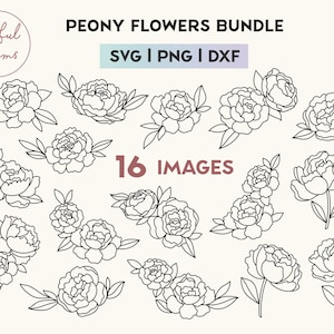 Handgezeichnete Pfingstrose Blumen SVG PNG DXF Bundle, Boho Floral Linie Kunst, minimalistisch geschnittene Dateien, Cricut Silhouette Illustration, digitaler Download