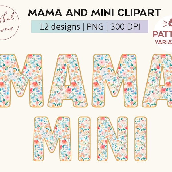 Mama & Mini PNG Clipart - Watercolor Boho Floral Bundle - 12 Flower Designs - Word Art Set for Mother and Child