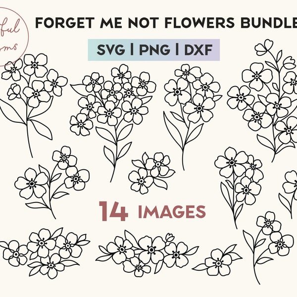 Hand Drawn Forget Me Not Flowers Bundle SVG PNG DXF Boho Floral Illustration Set Minimalist Line Drawing
