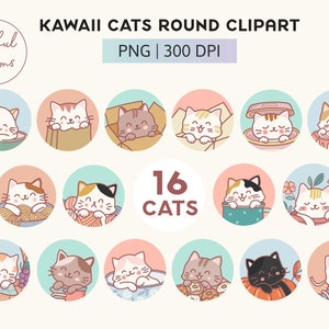 Kawaii Katze Runde Clipart Bundle, niedliche bunte Katze Kreise druckbare PNG-Grafiken, Aufkleber Magnet Pin Designs, entzückende katzenartige Illustrationen