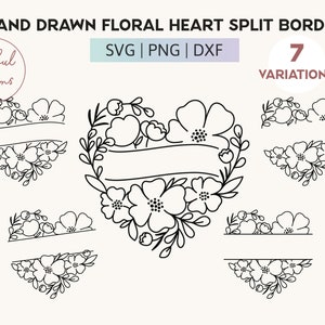 Pode incluir: Sete variações de um design de borda dividida de coração floral desenhado à mão. O design apresenta uma forma de coração feita de flores e folhas, com um espaço no meio para texto. O design é perfeito para adicionar um toque de elegância a qualquer projeto.