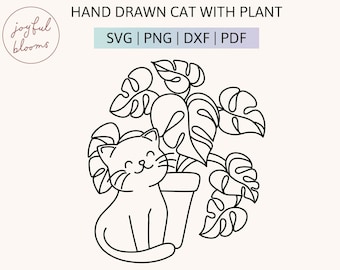 Adorable Hand Drawn Cute Cat Monstera Plant Pot Cut Files Cricut Silhouette Minimalist Line Art DIY Vinyl Decal to Personalize Gifts for all
